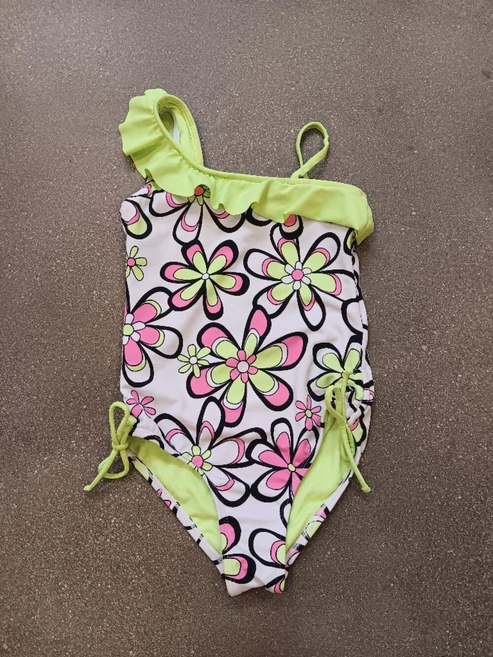 Justice Swim Girls Size 7 One-Piece Bathing Suit Floral Neon Green Pink Ruffle